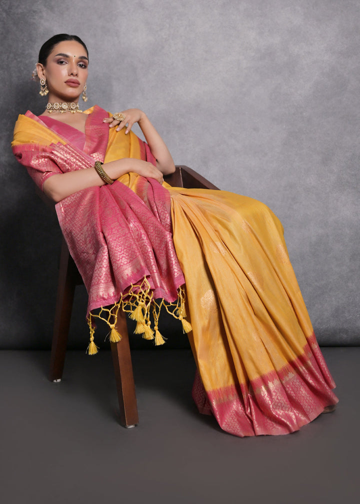 Saffron Yellow Tussar Silk Saree with Zari Woven Contrast Border