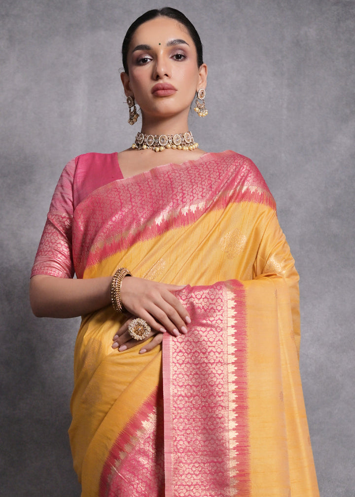 Saffron Yellow Tussar Silk Saree with Zari Woven Contrast Border
