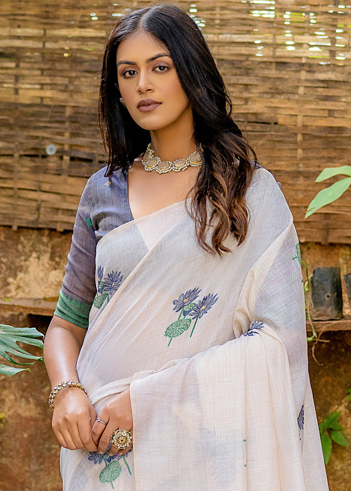 White & Blue Muga Cotton Saree with Woven Pallu & All Over Butti work