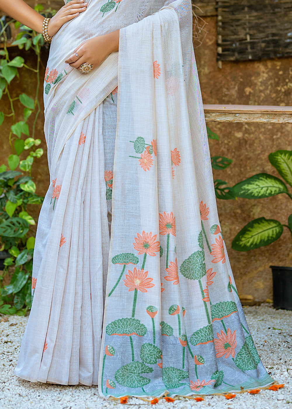 White & Orange Muga Cotton Saree with Woven Pallu & All Over Butti work