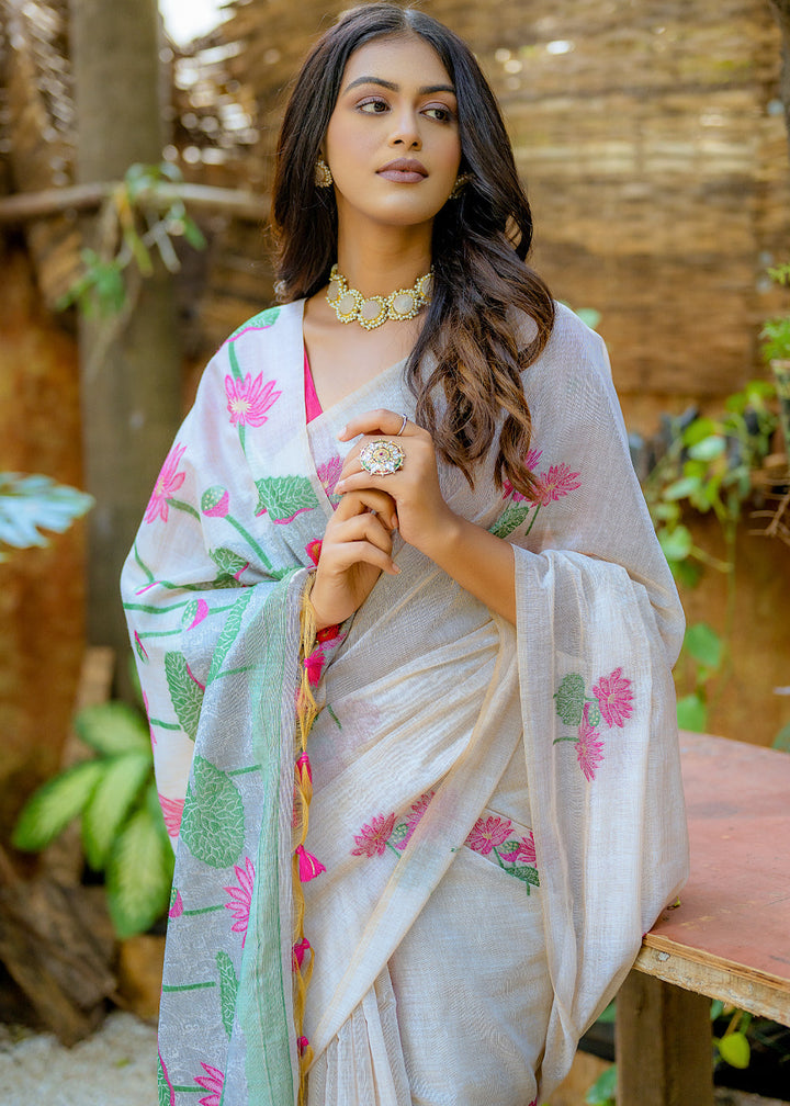White & Pink Muga Cotton Saree with Woven Pallu & All Over Butti work