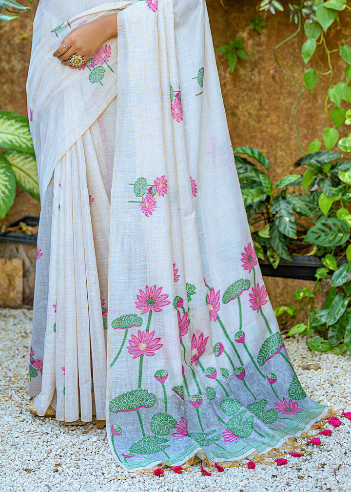 White & Pink Muga Cotton Saree with Woven Pallu & All Over Butti work