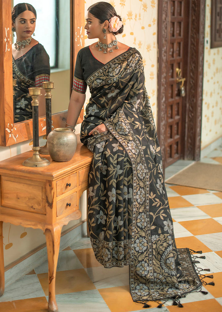 Ebony Black Zari Woven Floral Tussar Silk Saree