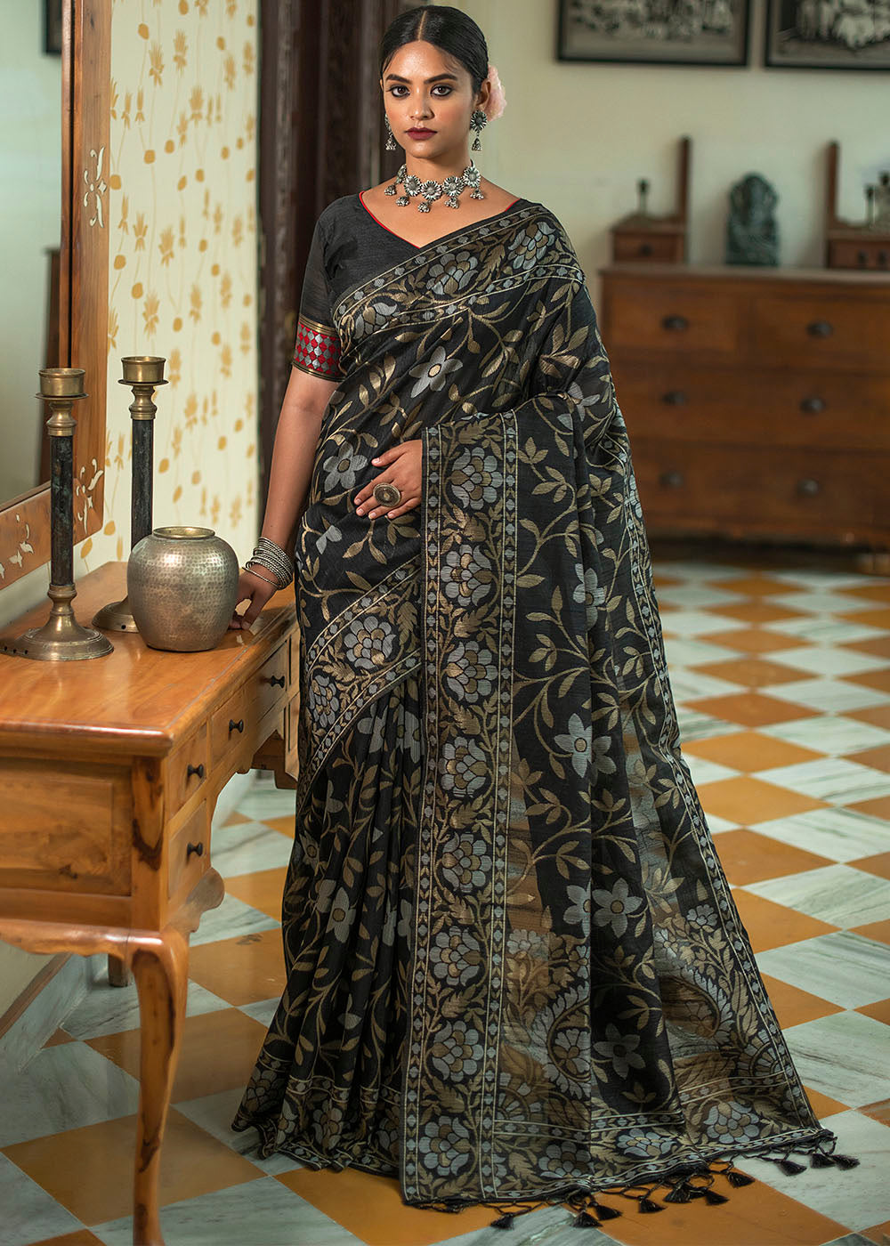 Ebony Black Zari Woven Floral Tussar Silk Saree