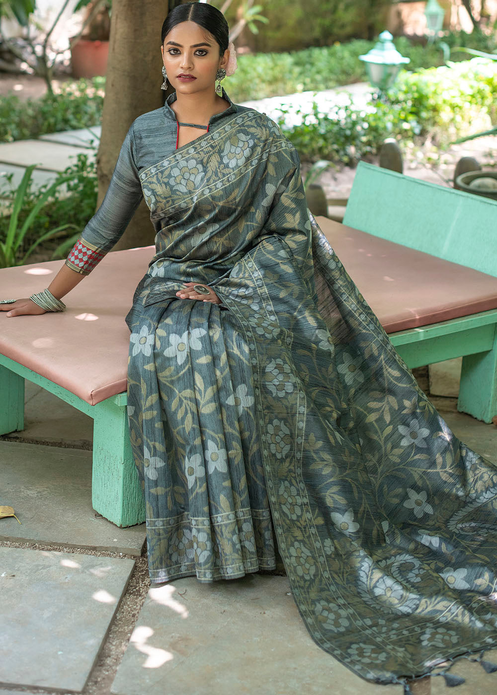 Iron Grey Zari Woven Floral Tussar Silk Saree