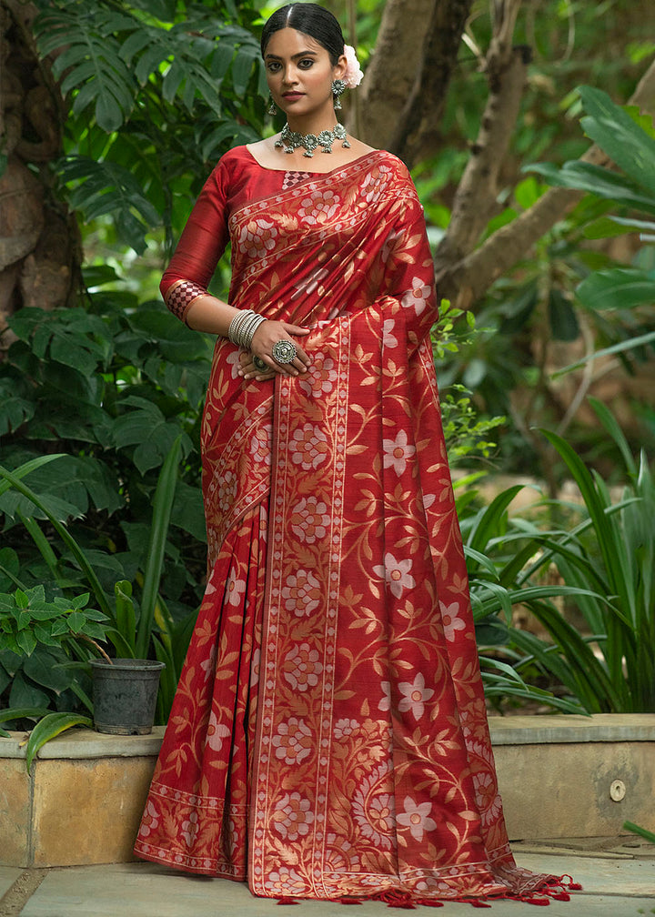 Crimson Red Zari Woven Floral Tussar Silk Saree
