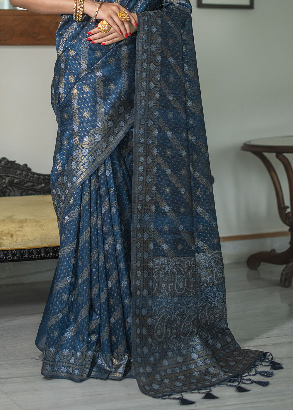 Prussian Blue Zari Woven Tussar Silk Saree with Tassels on Pallu