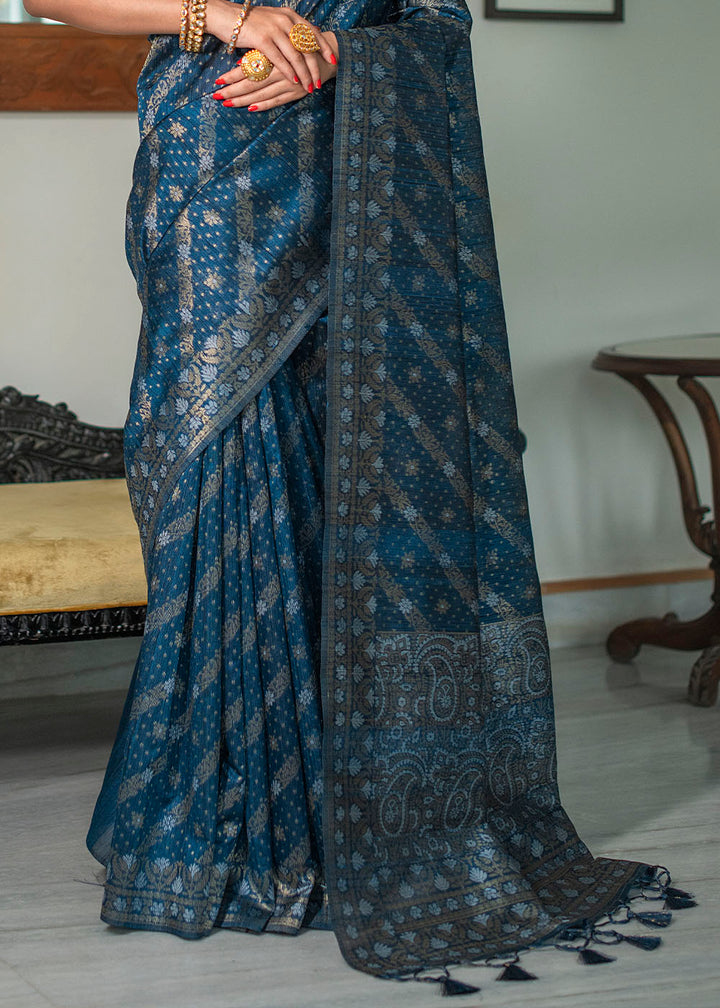 Prussian Blue Zari Woven Tussar Silk Saree with Tassels on Pallu
