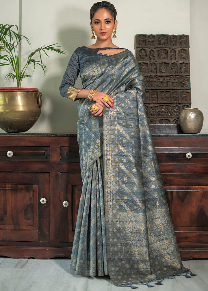 Anchor Grey Zari Woven Tussar Silk Saree with Tassels on Pallu
