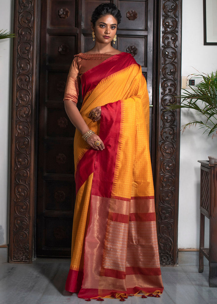 Saffron Yellow Designer Woven South Silk Saree