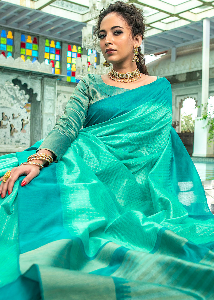 Turquoise Green Designer Woven South Silk Saree