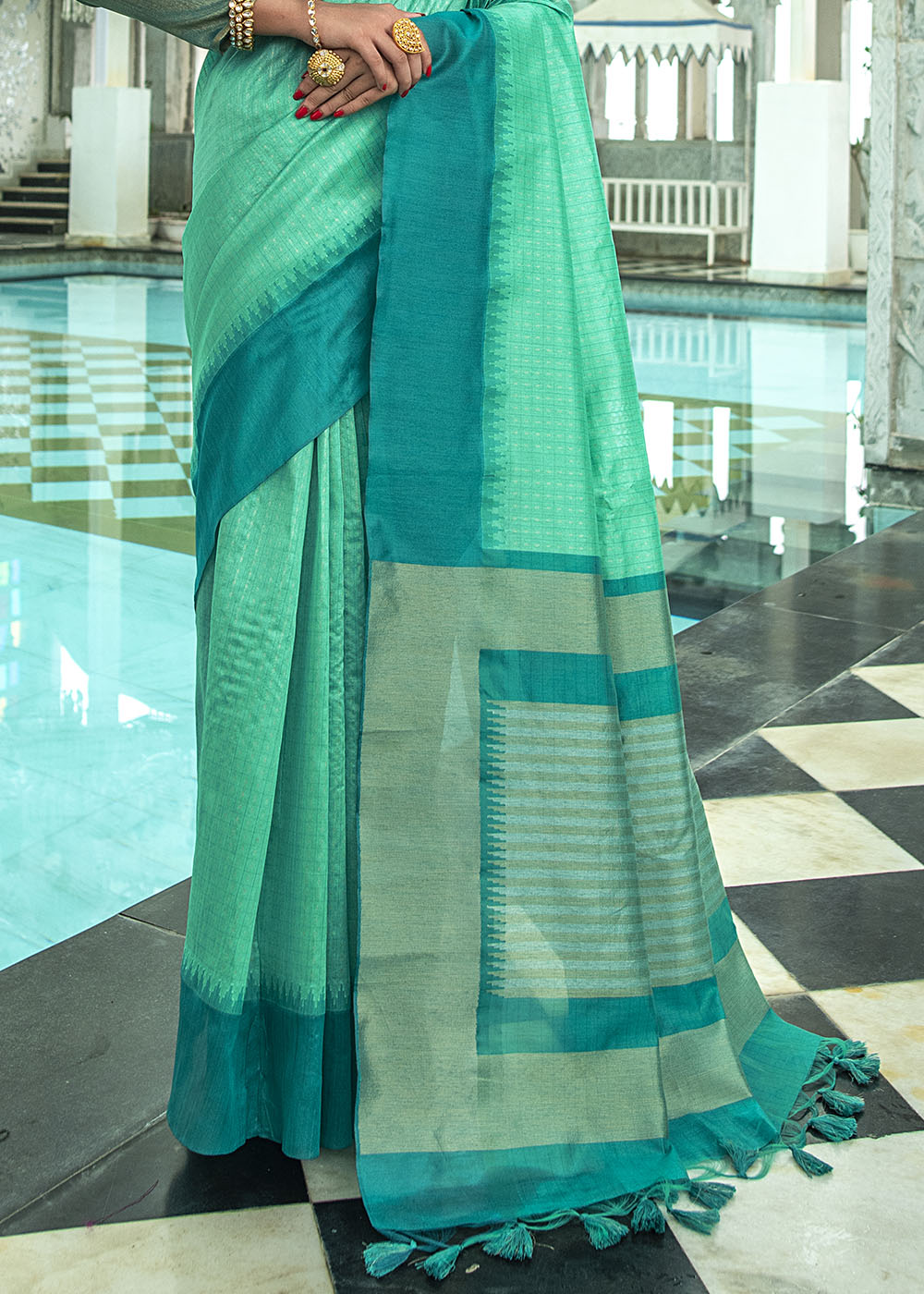 Turquoise Green Designer Woven South Silk Saree