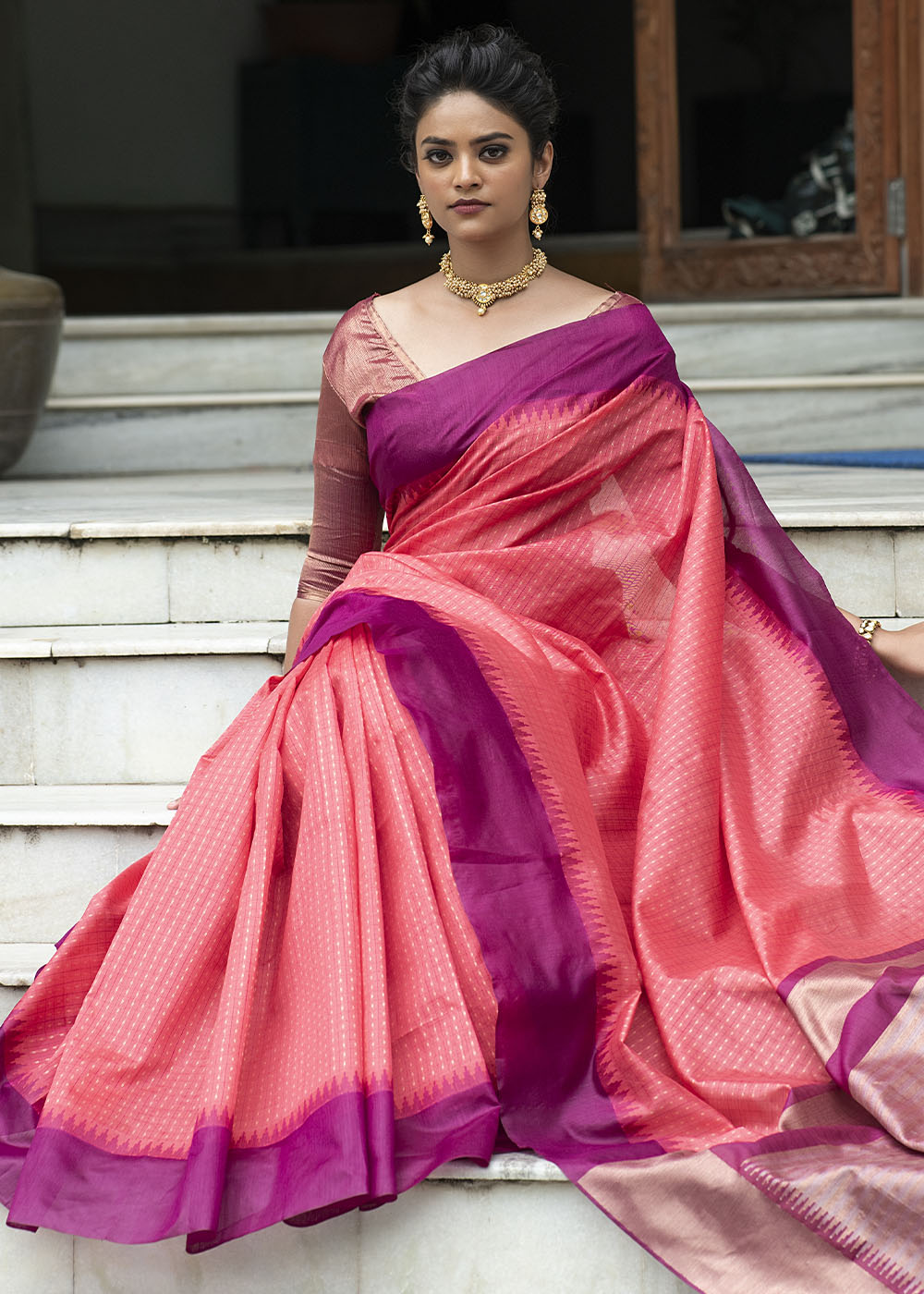 Rouge Pink Designer Woven South Silk Saree
