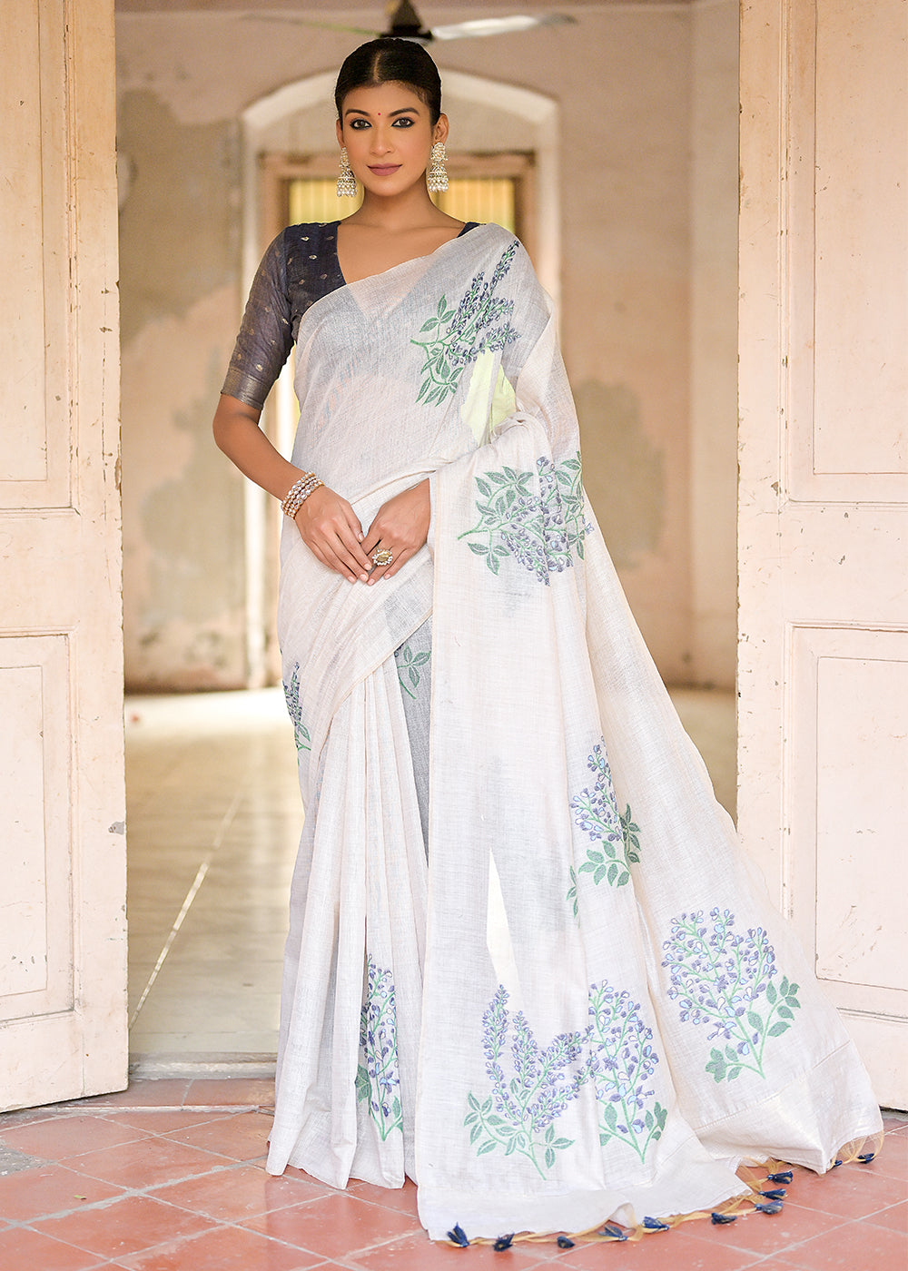 White & Blue Muga Cotton Saree with Woven Pallu & All Over Butti work