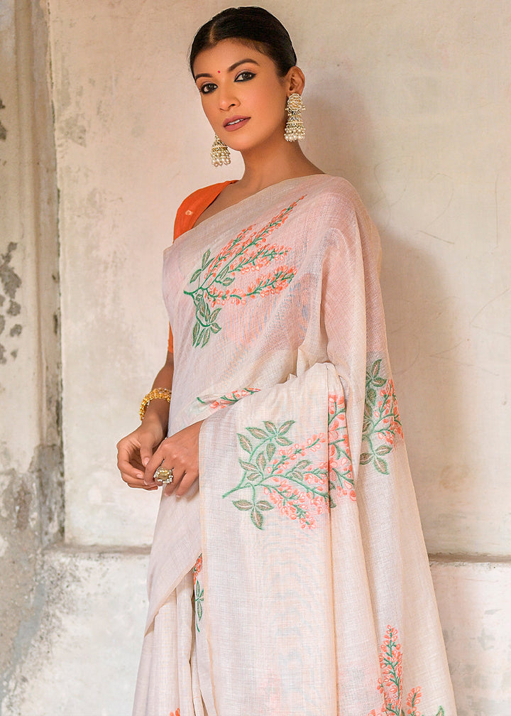 White & Orange Muga Cotton Saree with Woven Pallu & All Over Butti work