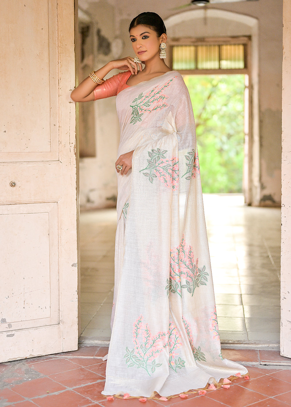 White & Peach Pink Muga Cotton Saree with Woven Pallu & All Over Butti work
