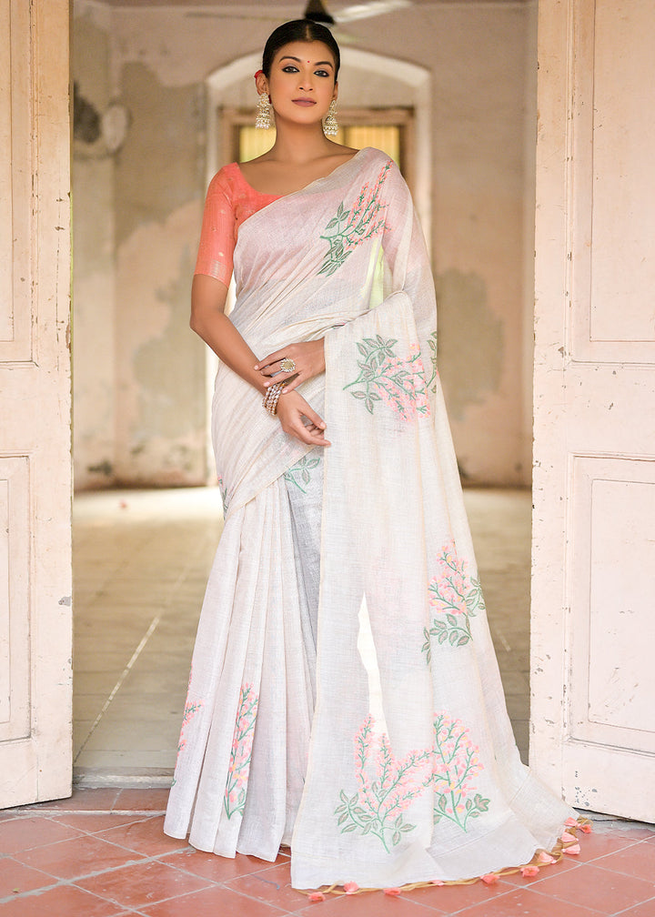 White & Peach Pink Muga Cotton Saree with Woven Pallu & All Over Butti work