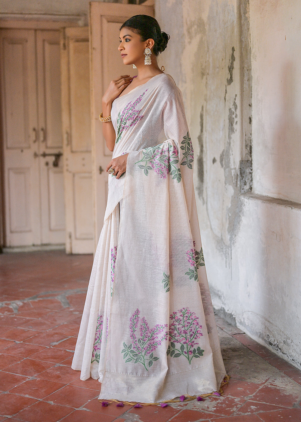 White & Purple Muga Cotton Saree with Woven Pallu & All Over Butti work
