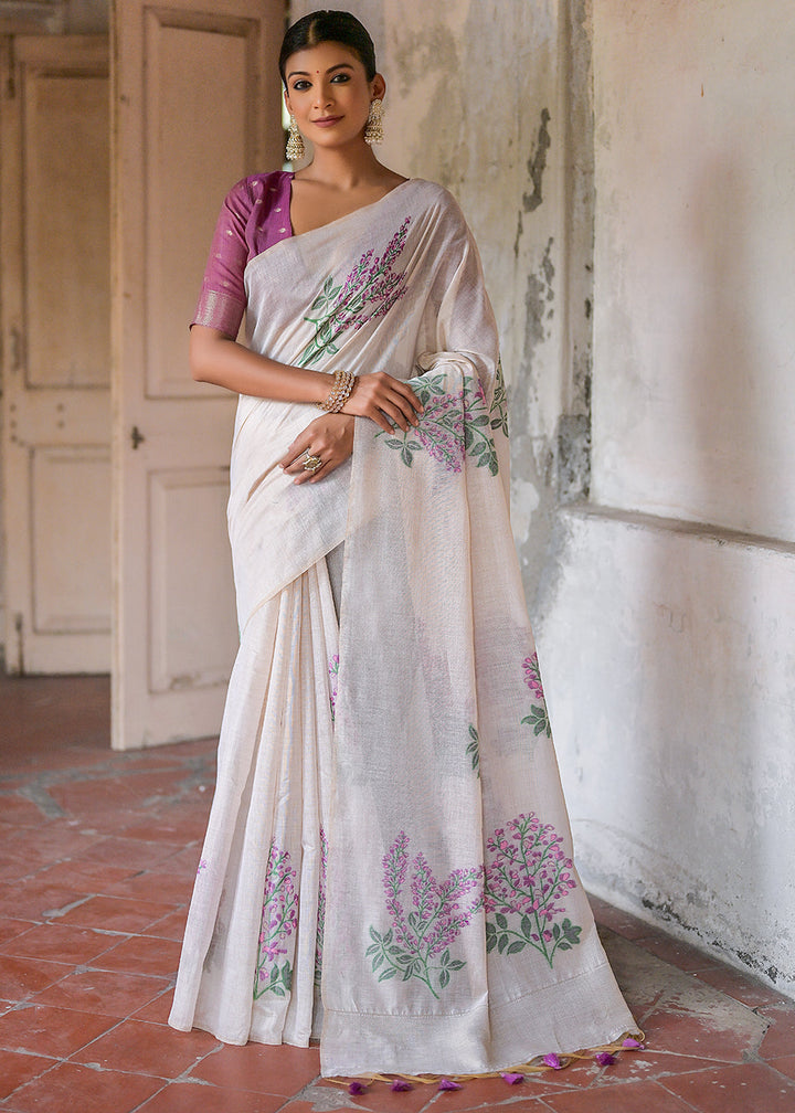 White & Purple Muga Cotton Saree with Woven Pallu & All Over Butti work