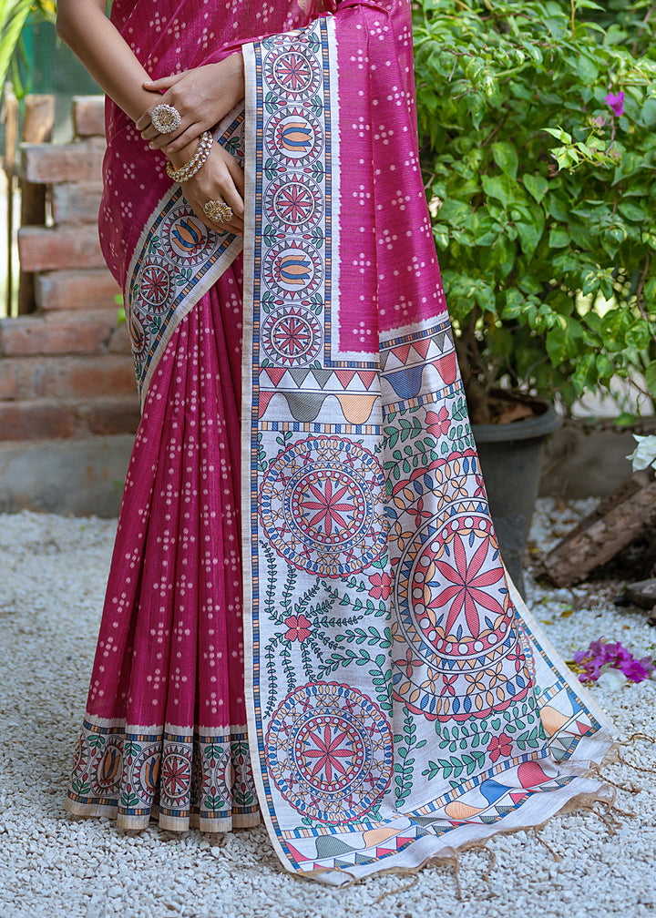 Magenta Pink Madhubani Printed Soft Tussar Silk Saree