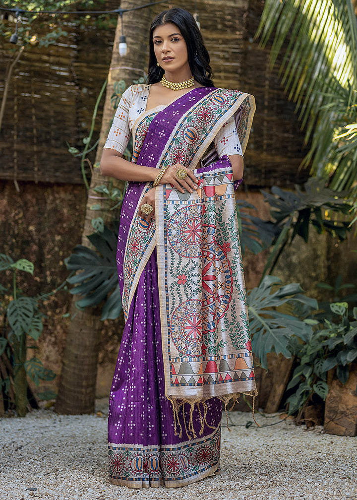 Grape Purple Madhubani Printed Soft Tussar Silk Saree