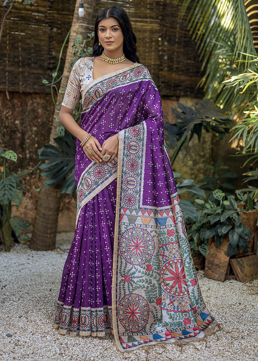 Grape Purple Madhubani Printed Soft Tussar Silk Saree