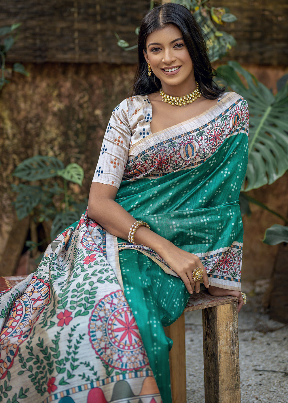 Rama Green Madhubani Printed Soft Tussar Silk Saree