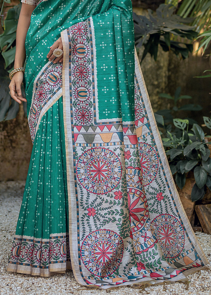 Rama Green Madhubani Printed Soft Tussar Silk Saree