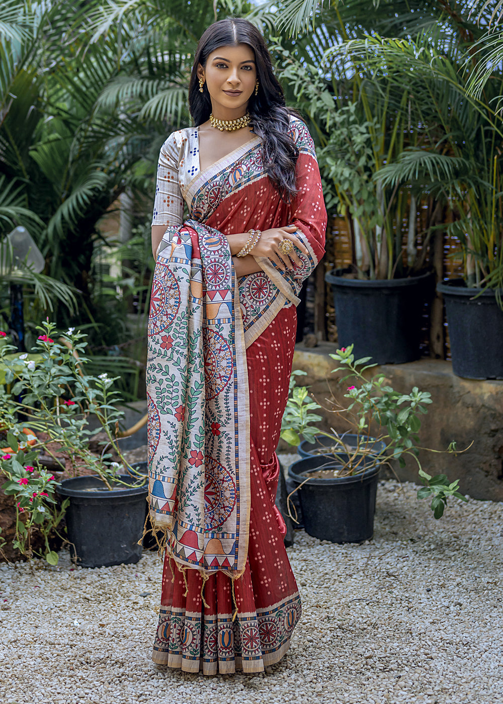 Scarlet Red Madhubani Printed Soft Tussar Silk Saree