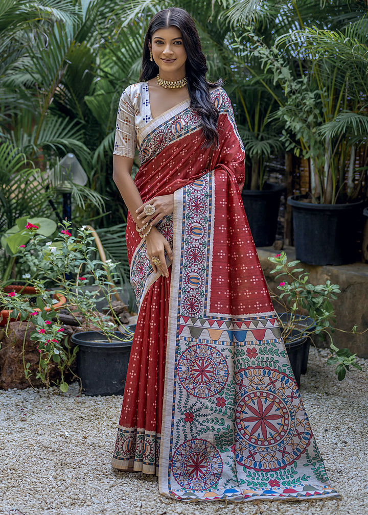Scarlet Red Madhubani Printed Soft Tussar Silk Saree