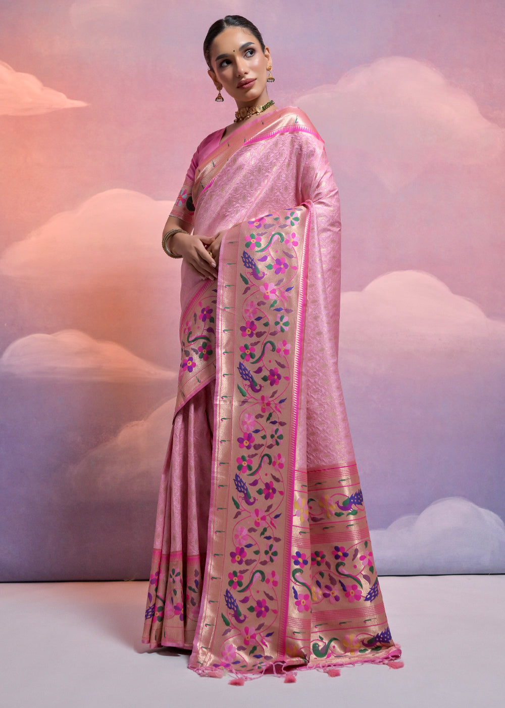 Taffy Pink Woven Paithani Silk Saree with Meenakari Zari Woven Border