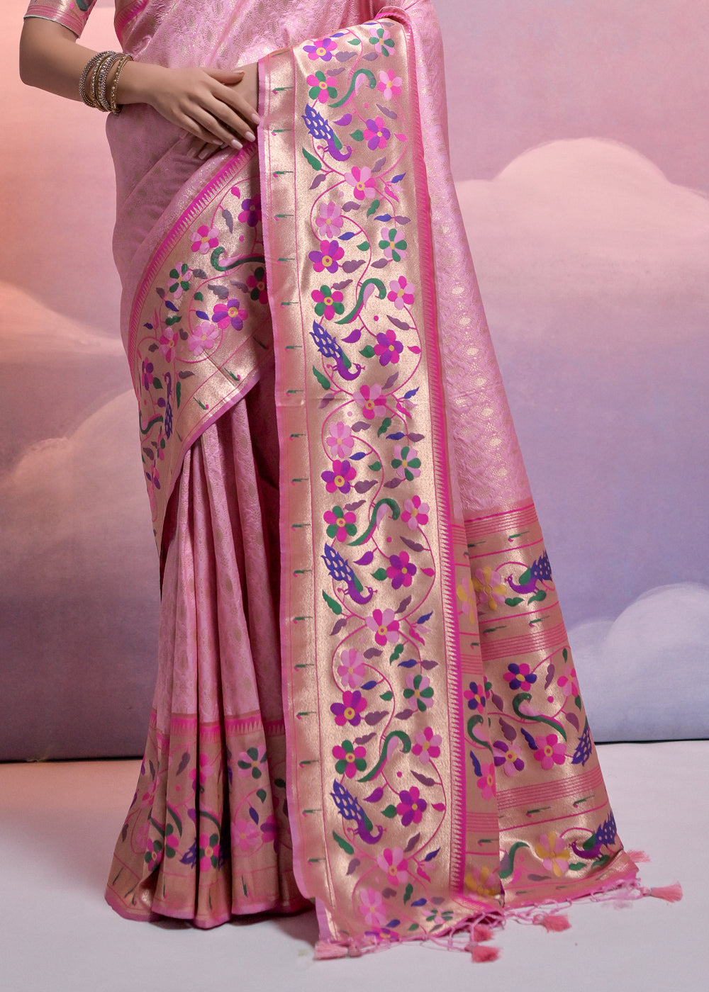 Taffy Pink Woven Paithani Silk Saree with Meenakari Zari Woven Border