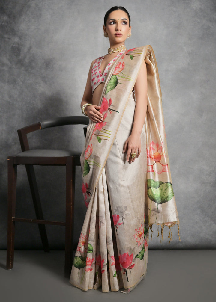 Cream White Floral Printed Soft Tussar Silk Saree