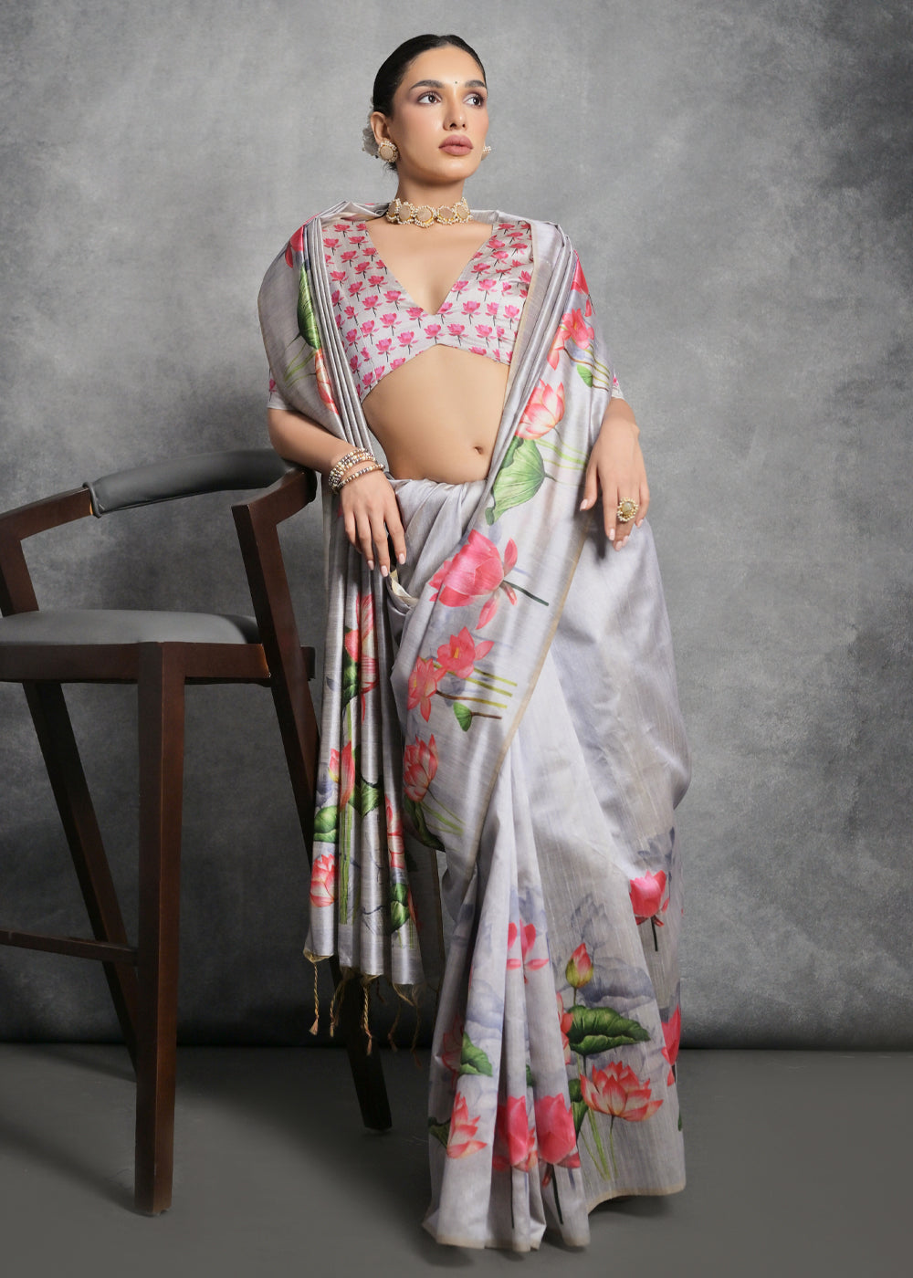 Rhino Grey Floral Printed Soft Tussar Silk Saree