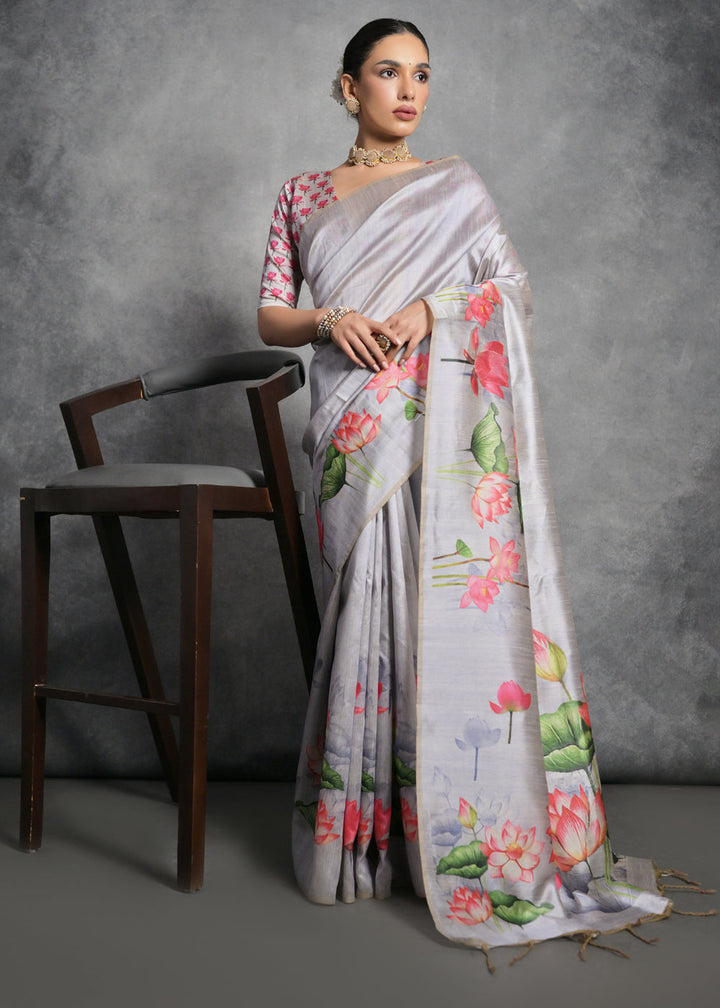 Rhino Grey Floral Printed Soft Tussar Silk Saree