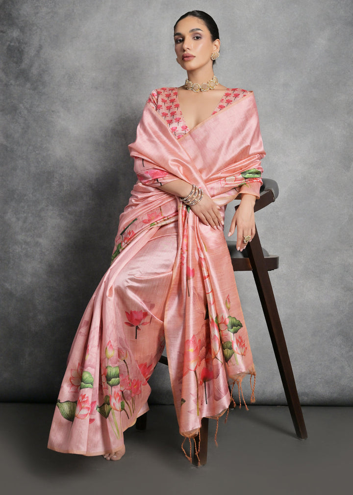 Carmine Pink Floral Printed Soft Tussar Silk Saree