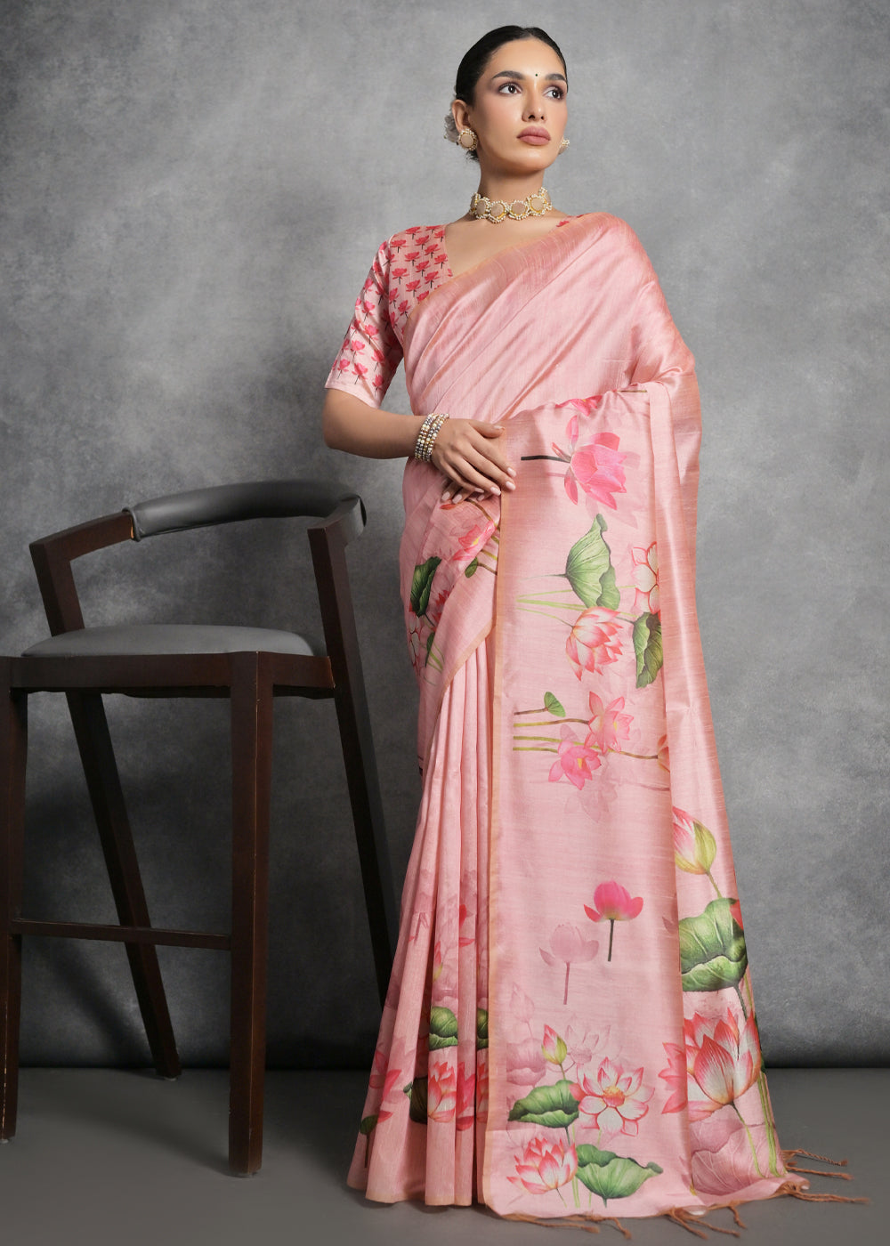 Carmine Pink Floral Printed Soft Tussar Silk Saree