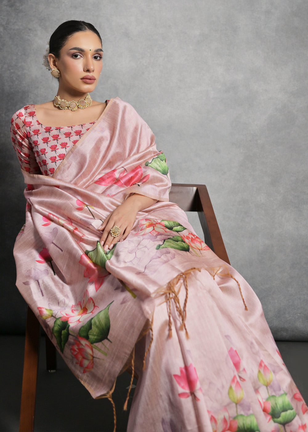 Shell Pink Floral Printed Soft Tussar Silk Saree