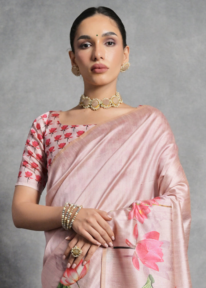 Shell Pink Floral Printed Soft Tussar Silk Saree