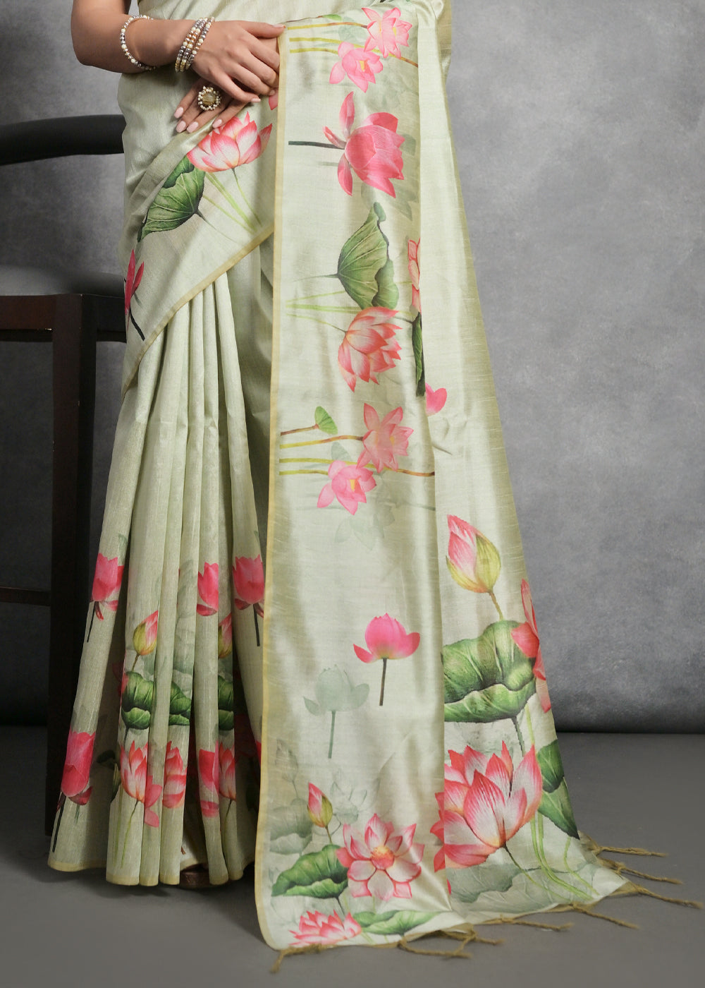 Pastel Green Floral Printed Soft Tussar Silk Saree