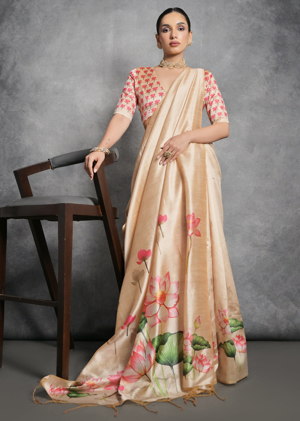 Shades Of Brown Floral Printed Soft Tussar Silk Saree