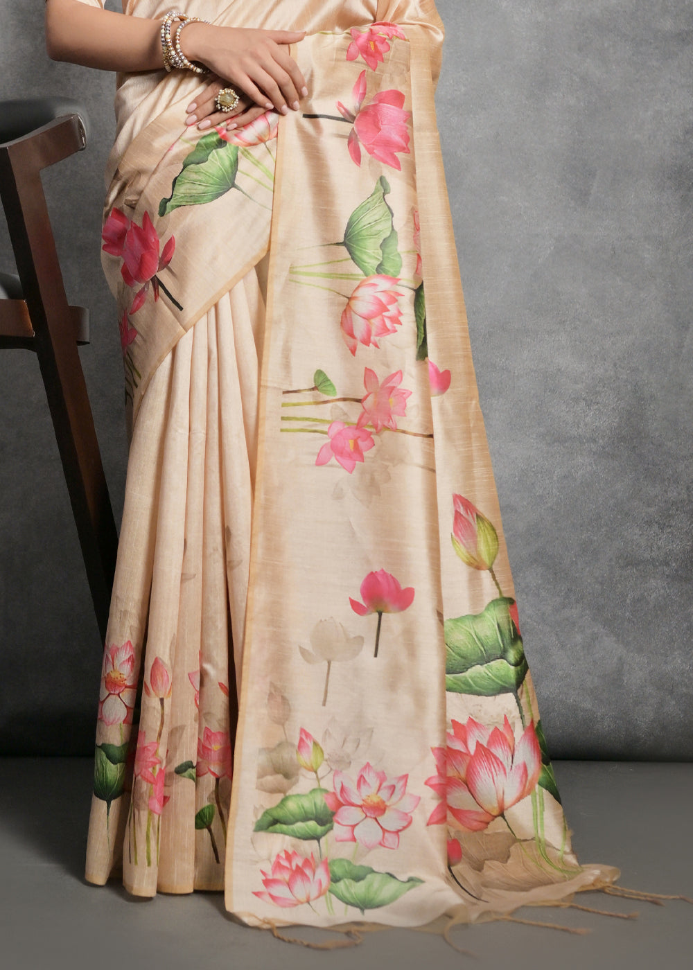 Shades Of Brown Floral Printed Soft Tussar Silk Saree