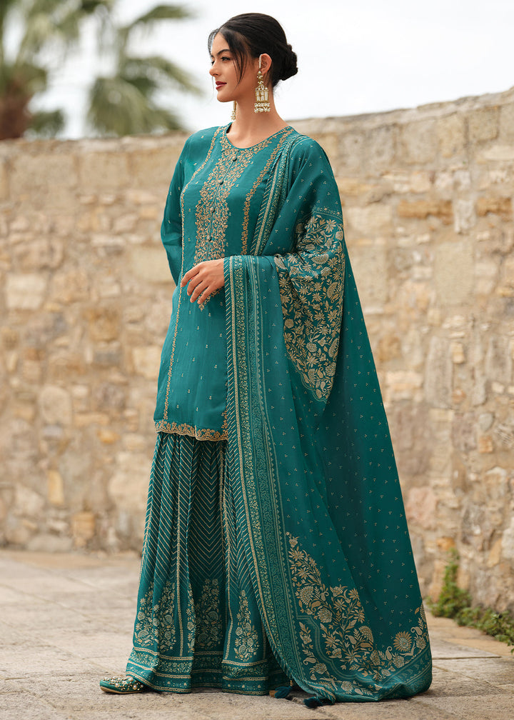 Verdigris Blue Satin Georgette Salwar Suit With Heavy Embroidery work