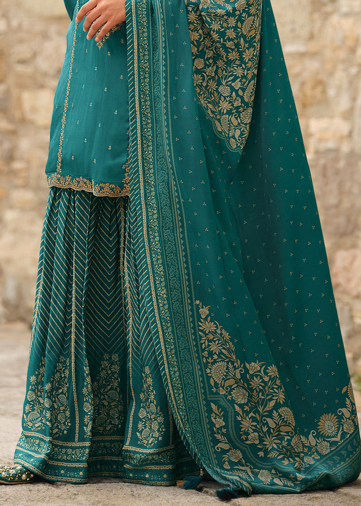 Verdigris Blue Satin Georgette Salwar Suit With Heavy Embroidery work