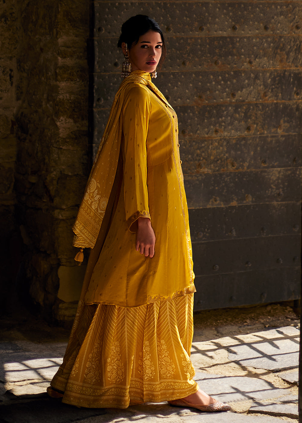 Amber Yellow Satin Georgette Salwar Suit With Heavy Embroidery work
