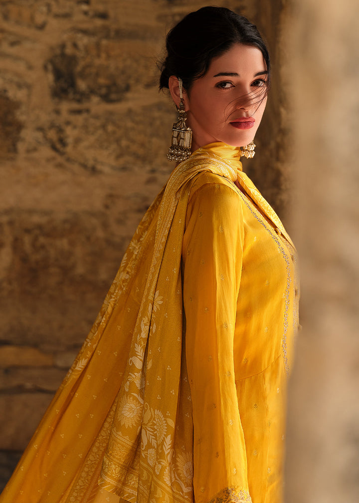 Amber Yellow Satin Georgette Salwar Suit With Heavy Embroidery work