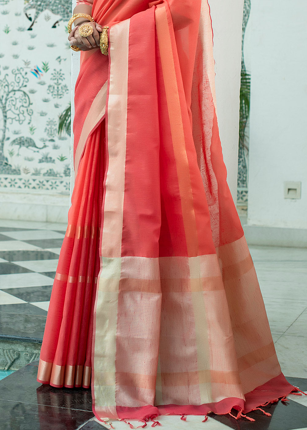 Imperial Red Linen Saree having Zari Woven Stripes