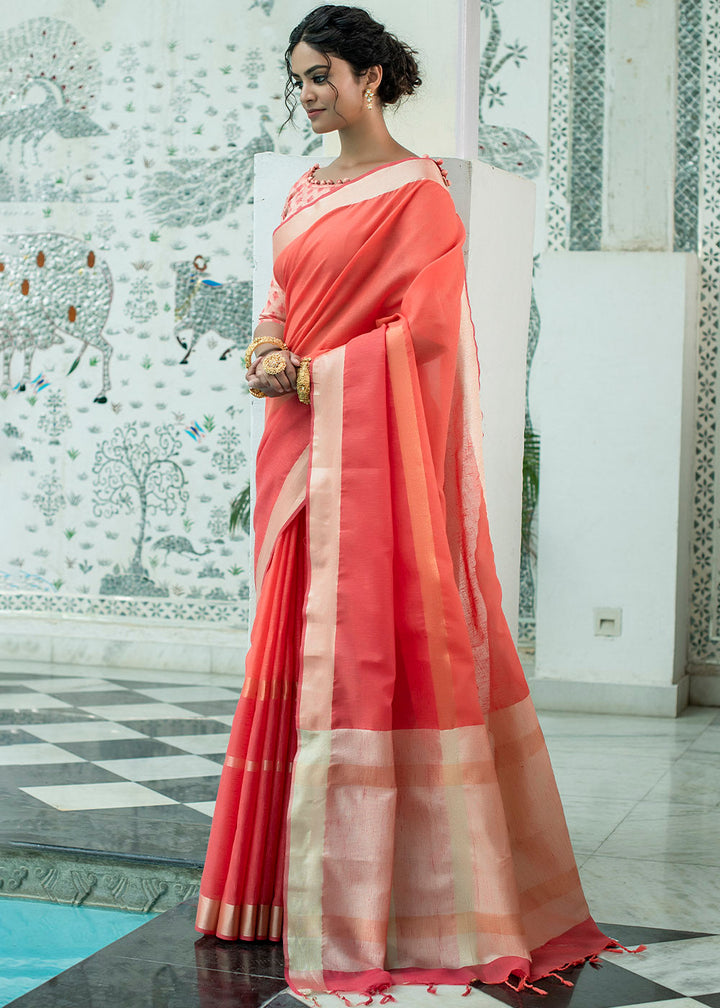 Imperial Red Linen Saree having Zari Woven Stripes