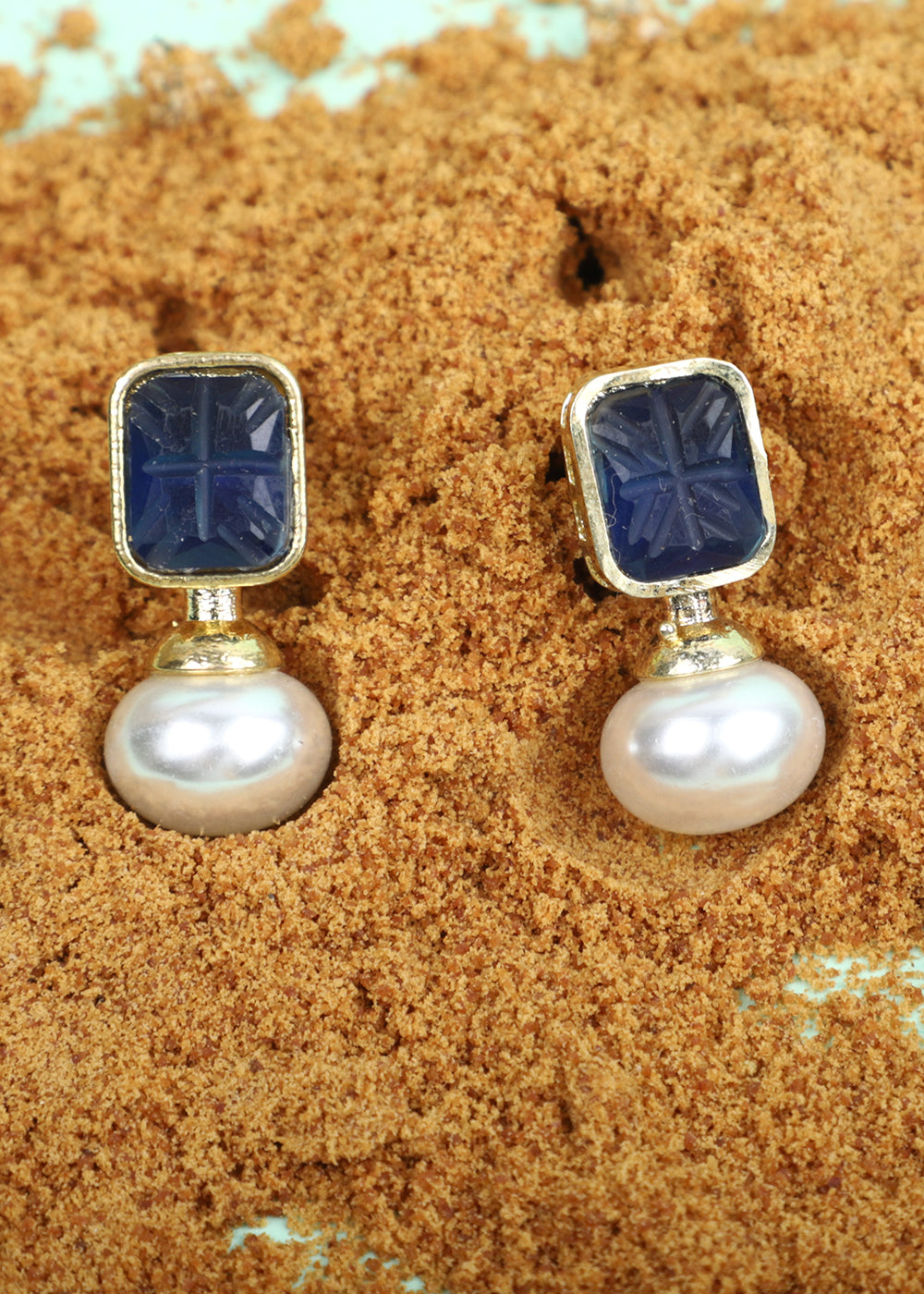 Blue & White Stone & Pearl Work Earrings