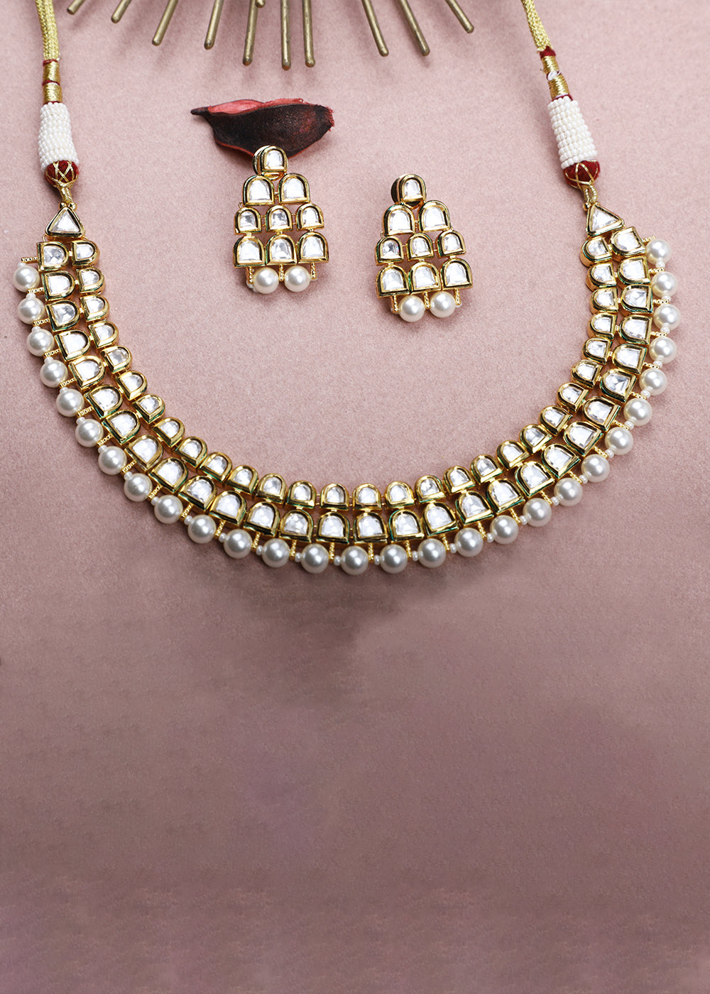 Daisy White Kundan Necklace Set with Pearl Work